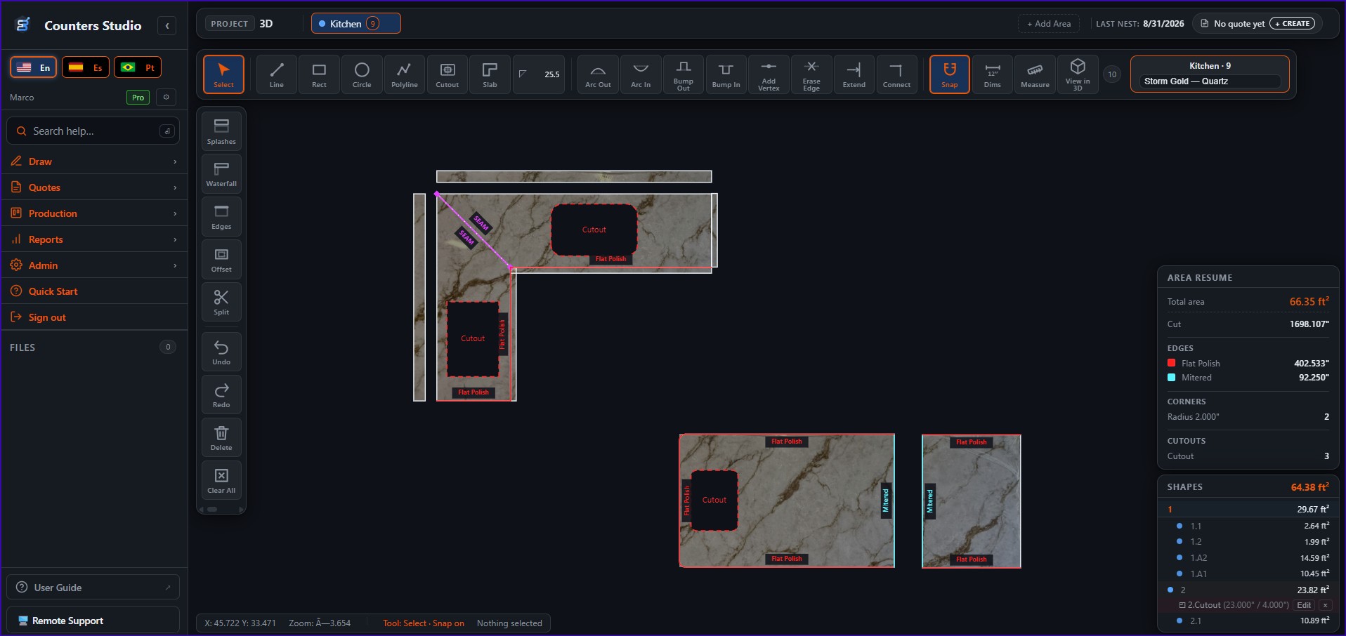The kitchen drawn, with the slab material applied