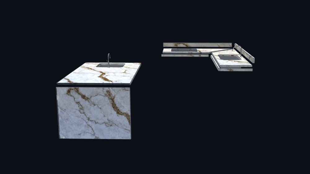 The finished countertop in 3D, with the waterfall panel