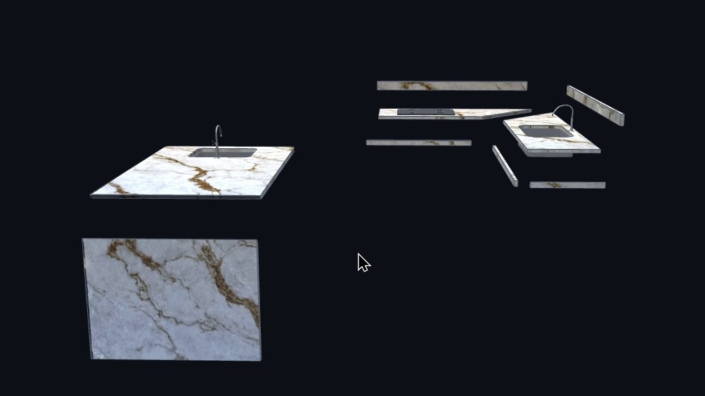 The same countertop in 3D, pieces pulled apart
