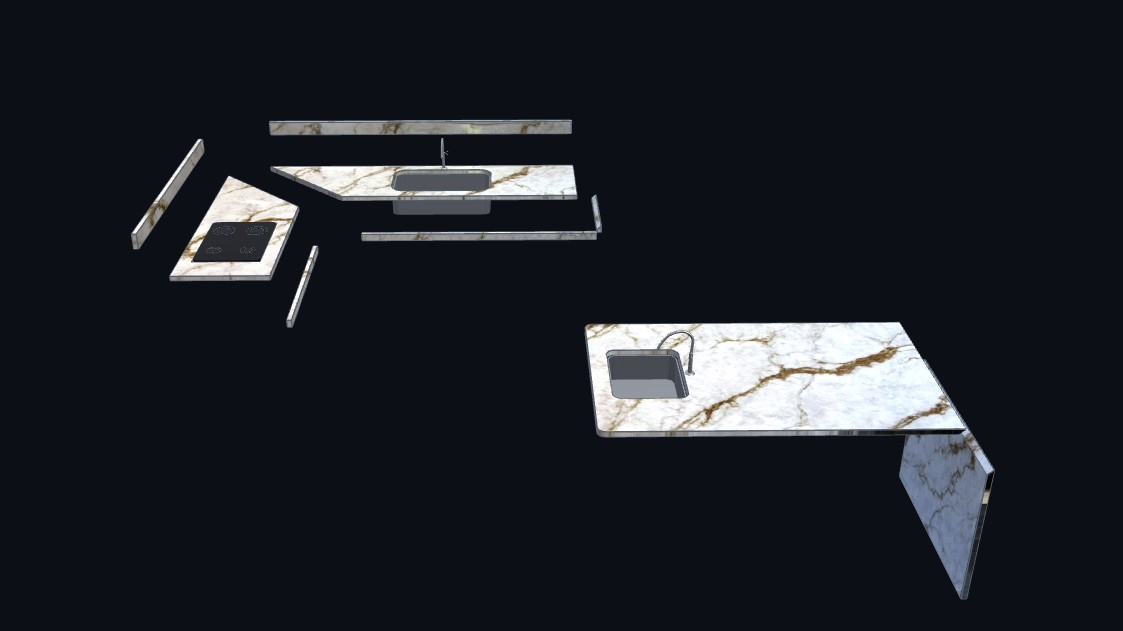 Exploded 3D view showing every edge piece and the sink