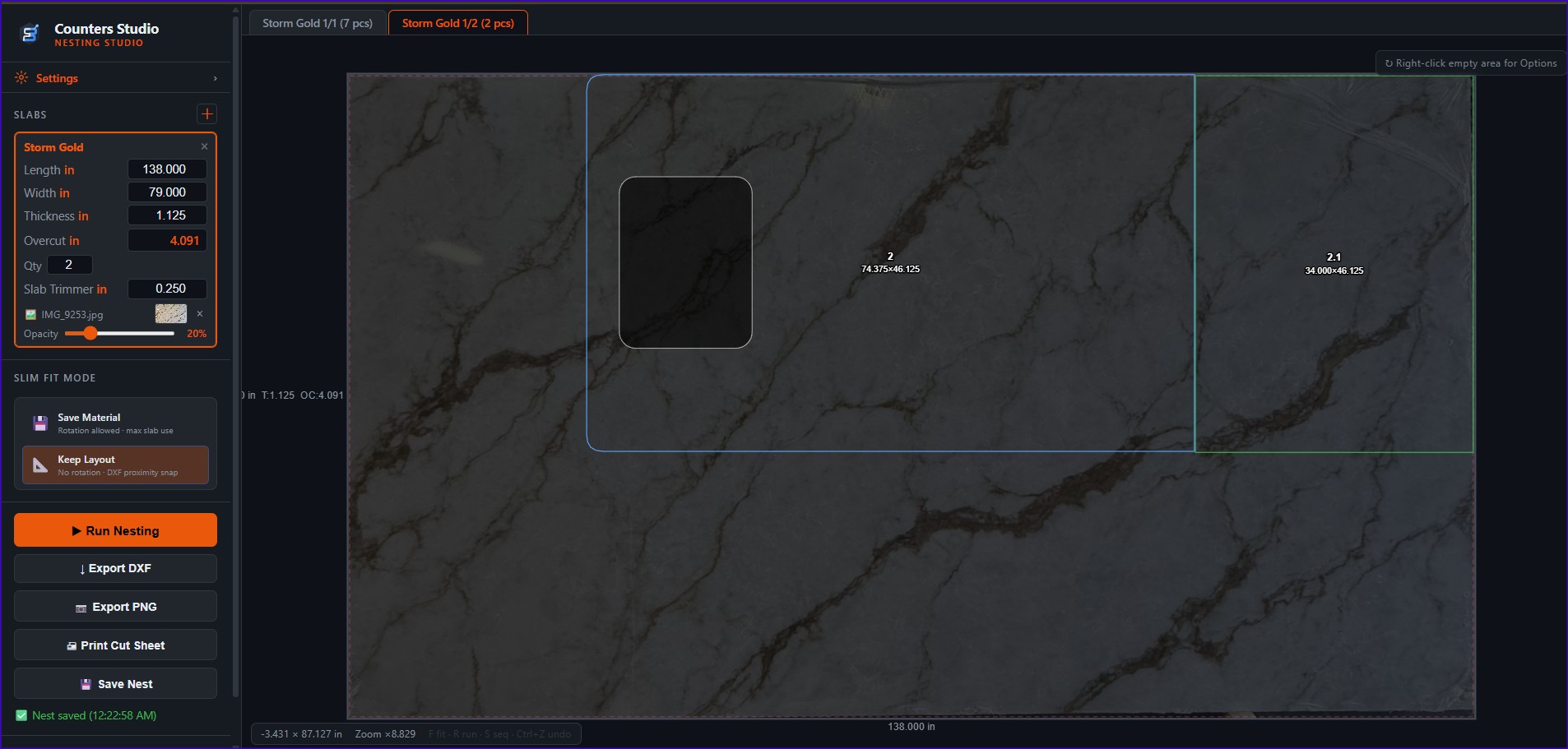Second slab of the same job, two pieces nested